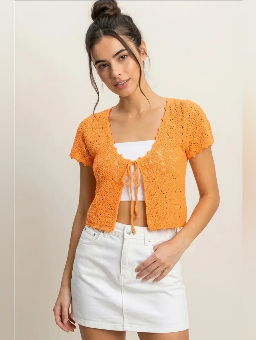 Pointelle Tie Front Knit Cardigan